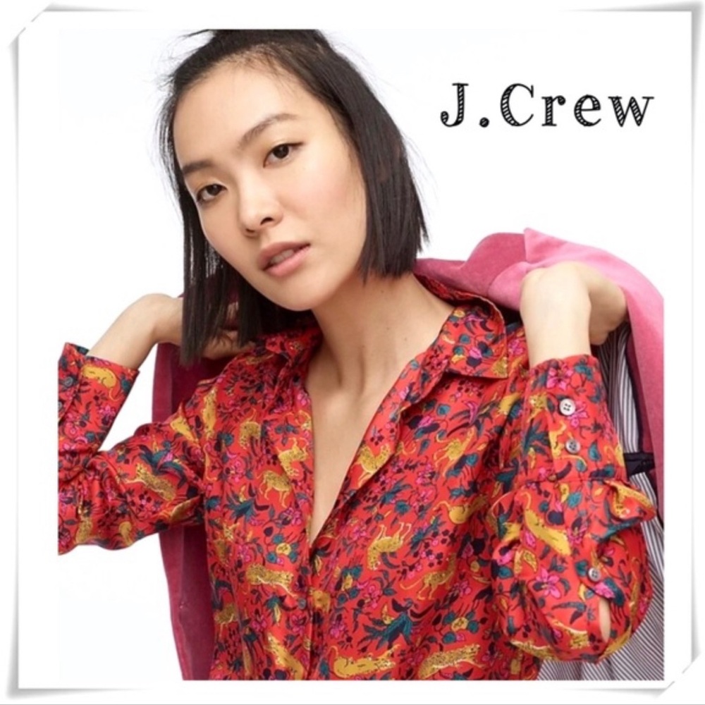 J. Crew Collection silk botanical, leopard print button down shirt